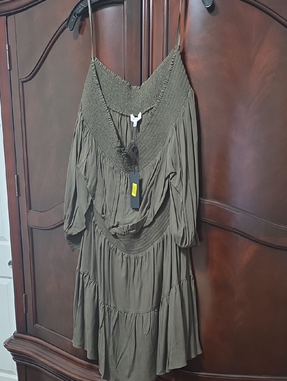 Gianni Bini Olive Green Smocked Tiered Midi Dress